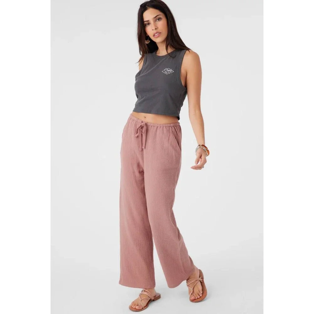 O'Neill Wide-Leg Cropped Pants - Crinkle Cotton, Rosewood Pink Drawstring - Picture 3 of 5